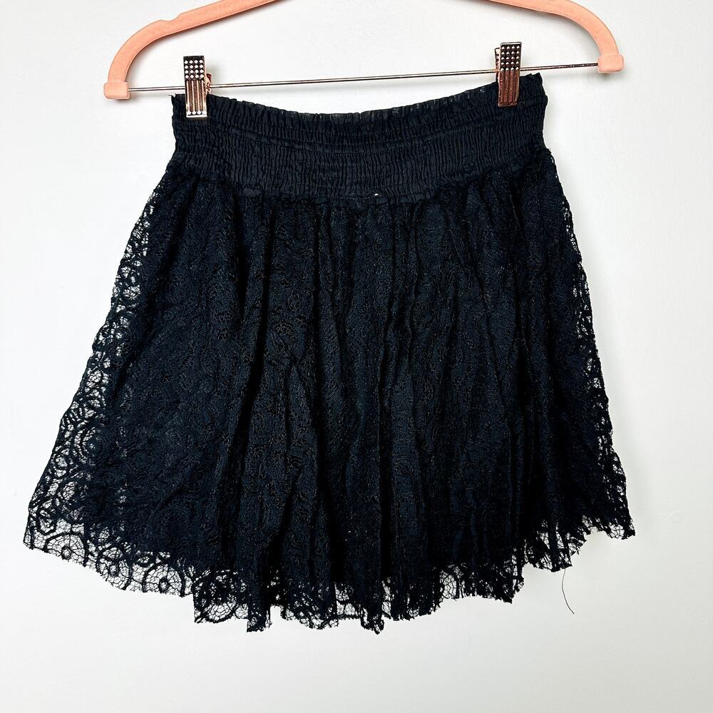 Free People Black Lace Elastic Waist with Tie Mini Skirt Size Small - Picture 3 of 5